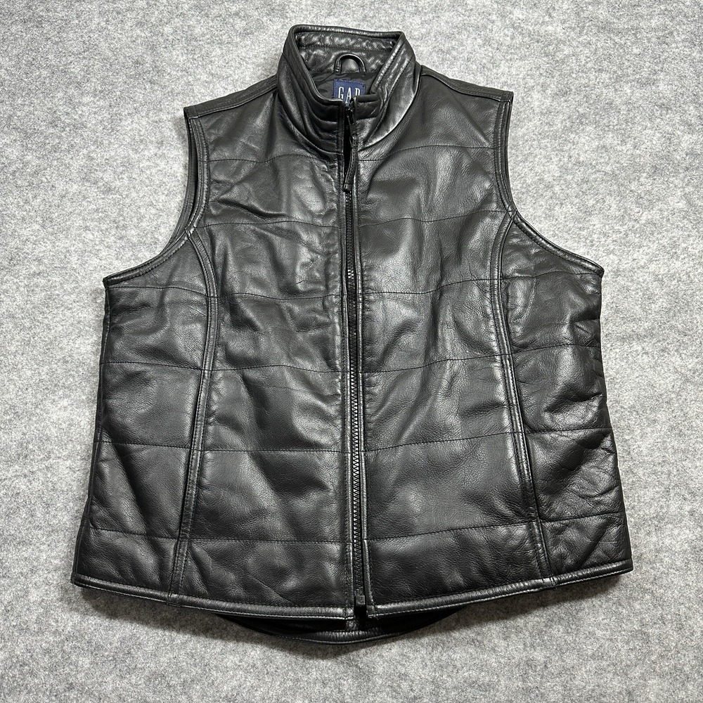 GAP Leather Puffer Vest Womens XS Black Quilted Full Zip Mock Neck Biker Moto